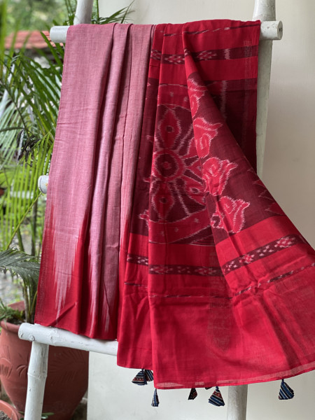 SHADED RED Cotton 'KARGIL KUMBHA' ikkat woven sari