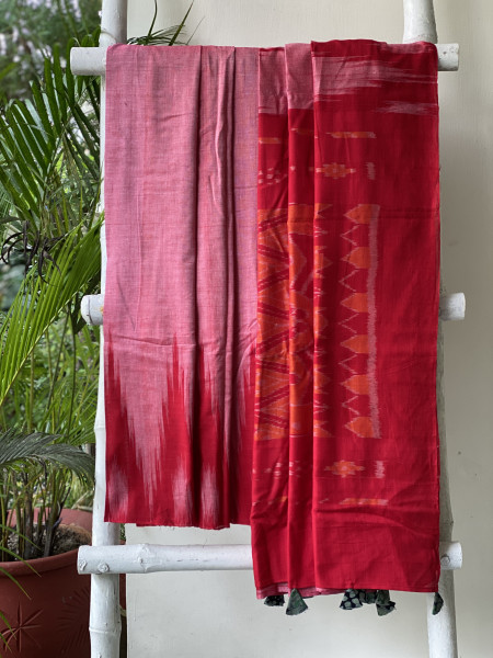 SHADED RED Cotton 'KARGIL KUMBHA' ikkat woven sari