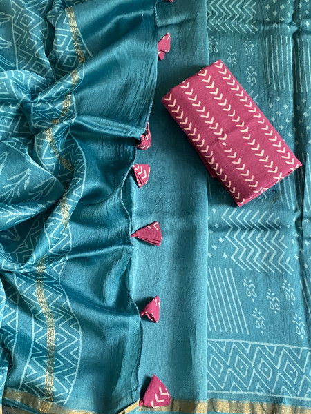 TEAL HAND BLOCK PRINT CHANDERI SILK COTTON SARI