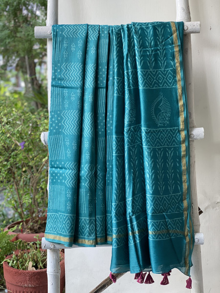 TEAL HAND BLOCK PRINT CHANDERI SILK COTTON SARI