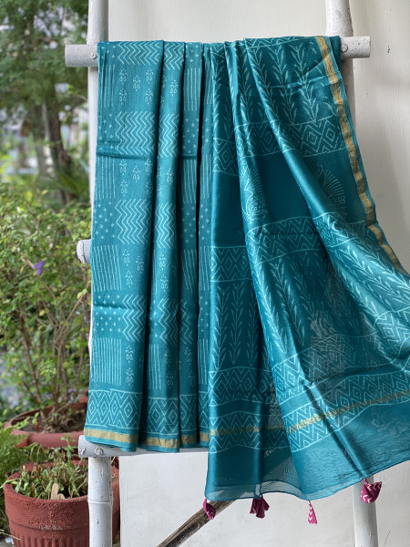 TEAL HAND BLOCK PRINT CHANDERI SILK COTTON SARI