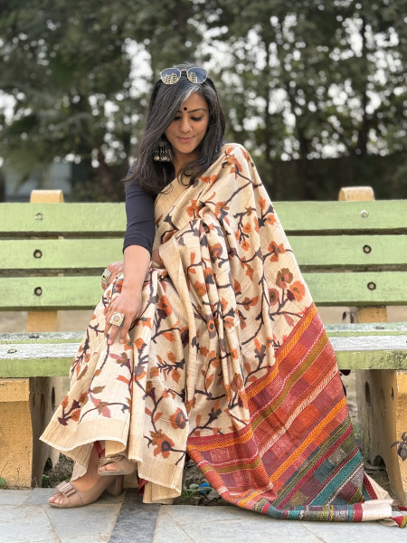 BEIGE PRINTED KANTHA EMBROIDERED TUSSAR SILK SARI