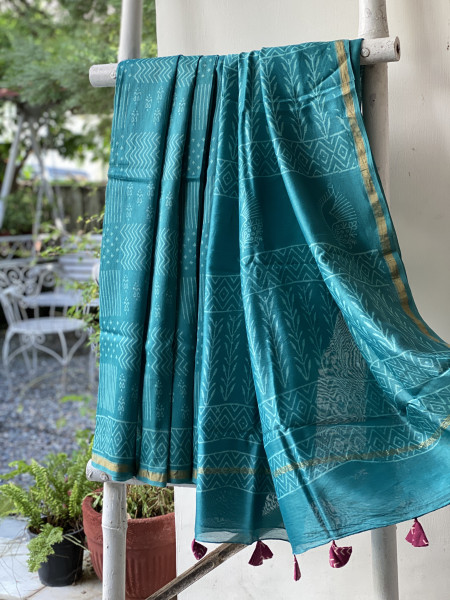 TEAL HAND BLOCK PRINT CHANDERI SILK COTTON SARI