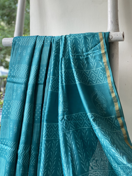 TEAL HAND BLOCK PRINT CHANDERI SILK COTTON SARI