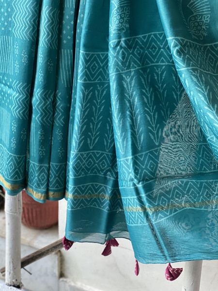 TEAL HAND BLOCK PRINT CHANDERI SILK COTTON SARI
