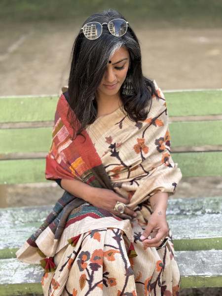 BEIGE PRINTED KANTHA EMBROIDERED TUSSAR SILK SARI