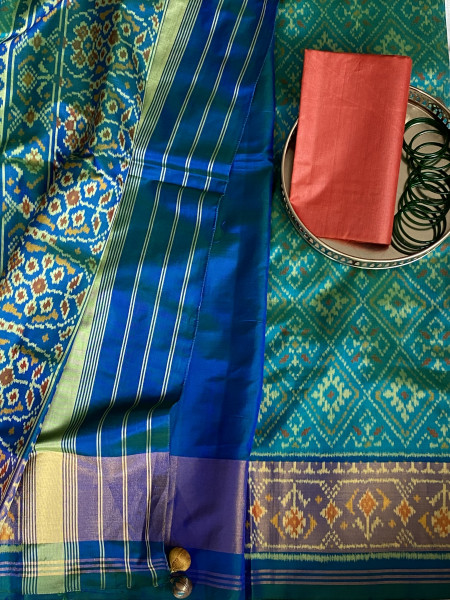 SHADED TURQUOISE AND BLUE SINGLE IKKAT PATOLA  HAND WOVEN SILK SARI