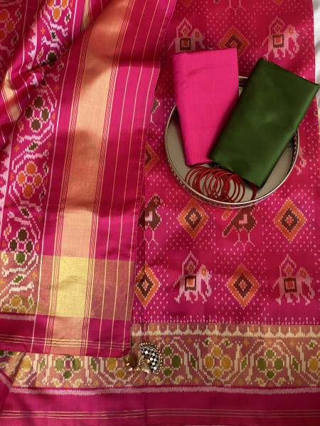 PINK SINGLE IKKAT PATOLA  HAND WOVEN SILK SARI