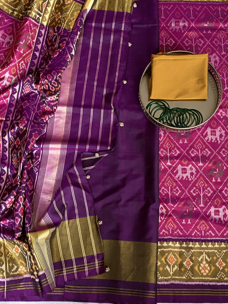 MAGENTA & PURPLE SINGLE IKKAT PATOLA  HAND WOVEN SILK SARI