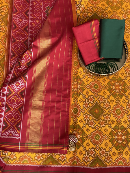 YELLOW & RED SINGLE IKKAT PATOLA  HAND WOVEN SILK SARI