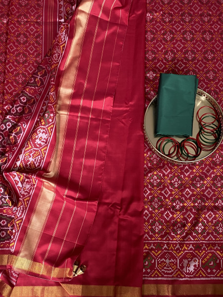 RED SINGLE IKKAT PATOLA  HAND WOVEN SILK SARI