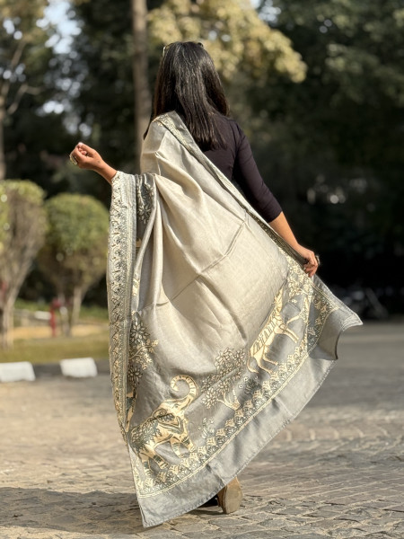 ASH PRINTED HAND EMBROIDERED TUSSAR SILK SARI