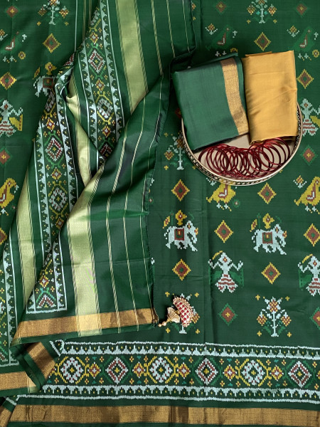 BOTTLE GREEN SINGLE IKKAT PATOLA  HAND WOVEN SILK SARI