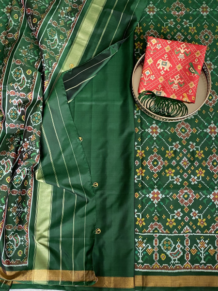 BOTTLE GREEN SINGLE IKKAT PATOLA  HAND WOVEN SILK SARI