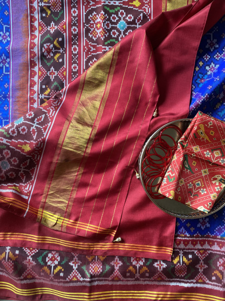 ROYAL BLUE & MAROON SINGLE IKKAT PATOLA  HAND WOVEN SILK SARI