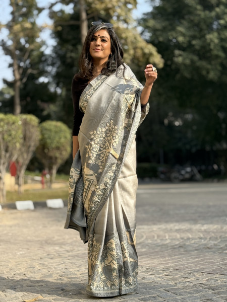 ASH PRINTED HAND EMBROIDERED TUSSAR SILK SARI