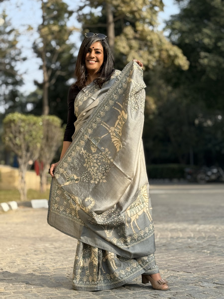 ASH PRINTED HAND EMBROIDERED TUSSAR SILK SARI
