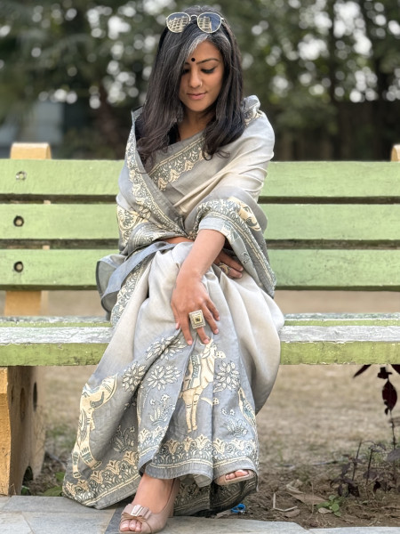 ASH PRINTED HAND EMBROIDERED TUSSAR SILK SARI