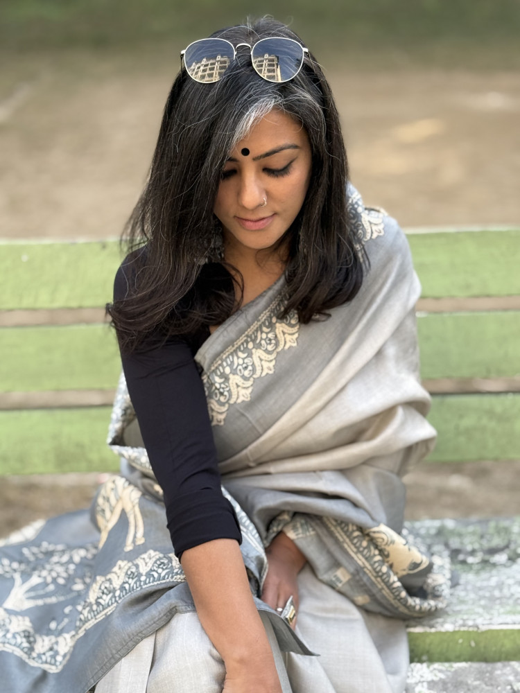 Image of ASH PRINTED HAND EMBROIDERED TUSSAR SILK SARI