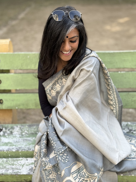 ASH PRINTED HAND EMBROIDERED TUSSAR SILK SARI