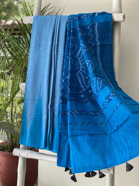 SHADED BLUE Cotton 'KARGIL KUMBHA' ikkat woven sari