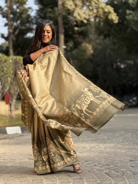 GREY PRINTED HAND EMBROIDERED TUSSAR SILK SARI