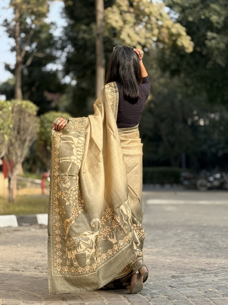 GREY PRINTED HAND EMBROIDERED TUSSAR SILK SARI