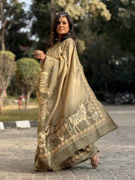 GREY PRINTED HAND EMBROIDERED TUSSAR SILK SARI