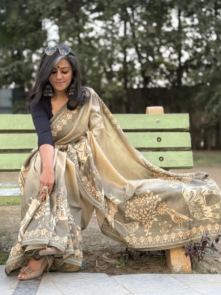 GREY PRINTED HAND EMBROIDERED TUSSAR SILK SARI