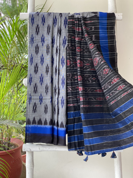 GREY-BLACK  'MANIABANDHA' ikkat woven sari