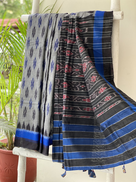 GREY-BLACK  'MANIABANDHA' ikkat woven sari