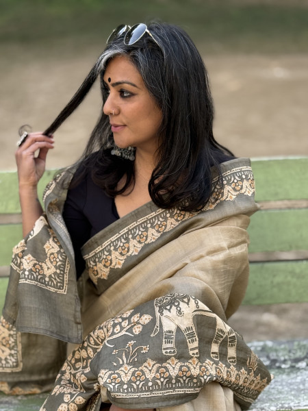 GREY PRINTED HAND EMBROIDERED TUSSAR SILK SARI