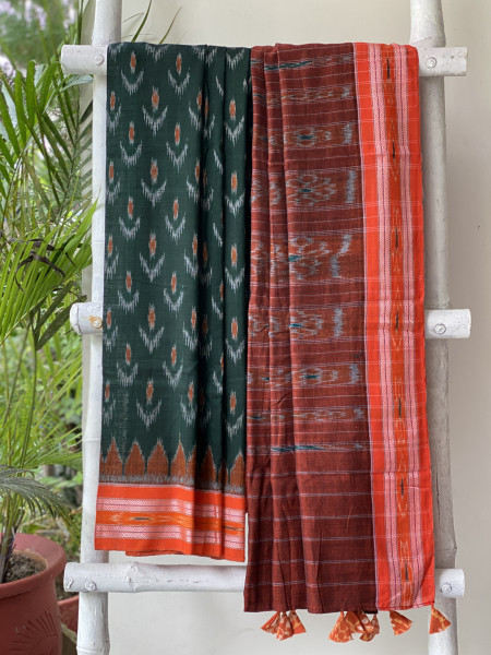 BOTTLE GREEN-ORANGE  'MANIABANDHA' ikkat woven sari