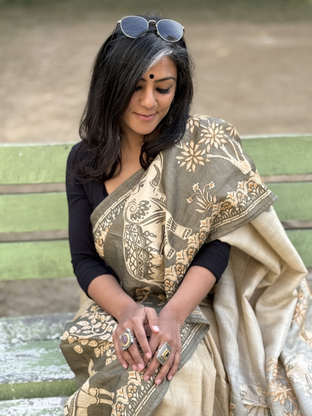 GREY PRINTED HAND EMBROIDERED TUSSAR SILK SARI