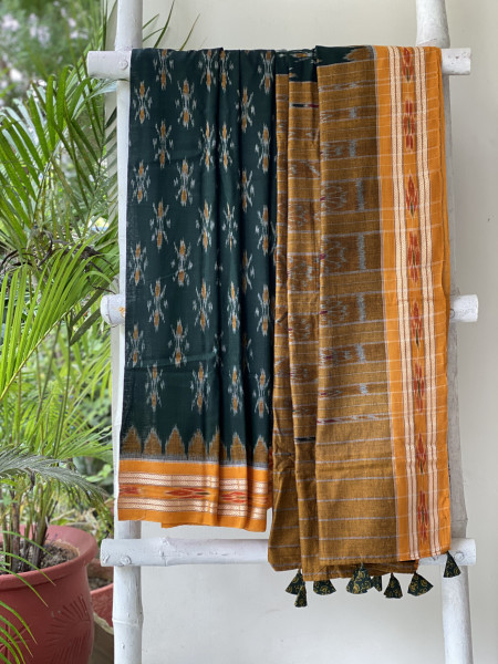 BOTTLE GREEN-MUSTARD  'MANIABANDHA' ikkat woven sari