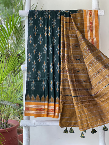 BOTTLE GREEN-MUSTARD  'MANIABANDHA' ikkat woven sari