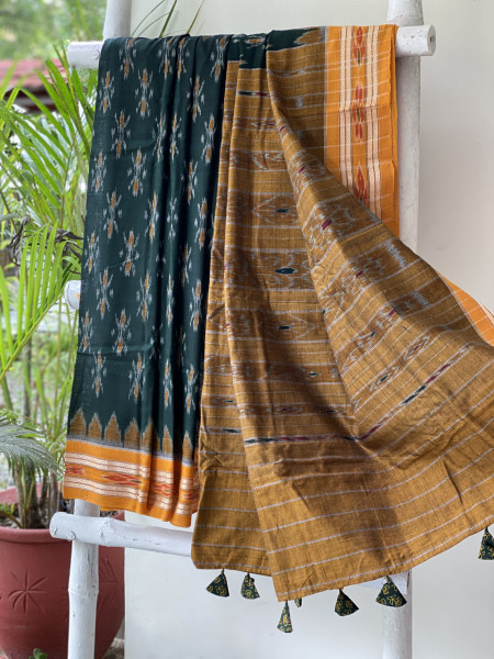 BOTTLE GREEN-MUSTARD  'MANIABANDHA' ikkat woven sari