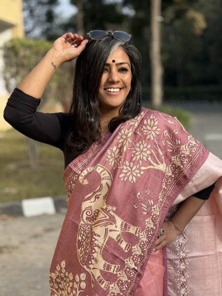 PINK PRINTED HAND EMBROIDERED TUSSAR SILK SARI