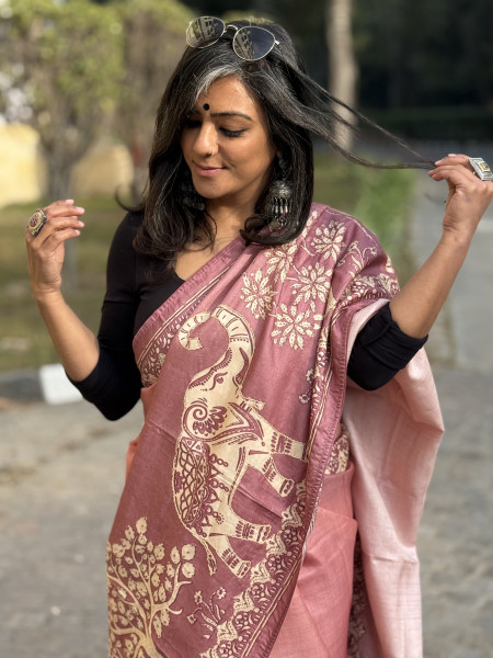 PINK PRINTED HAND EMBROIDERED TUSSAR SILK SARI