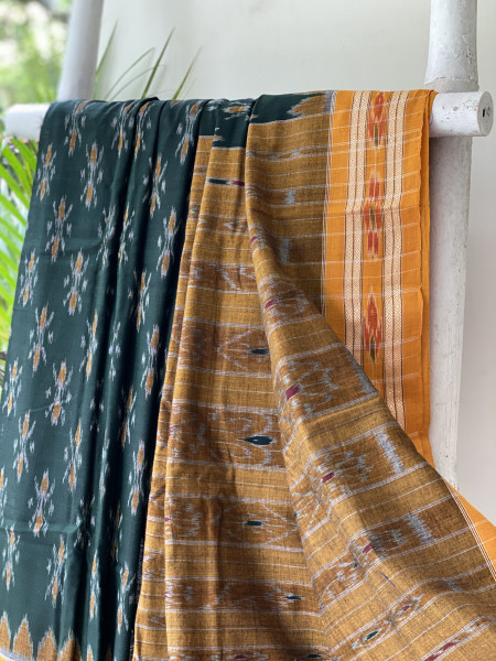 BOTTLE GREEN-MUSTARD  'MANIABANDHA' ikkat woven sari