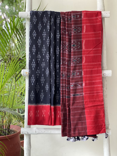 BLACK-RED  'MANIABANDHA' ikkat woven sari