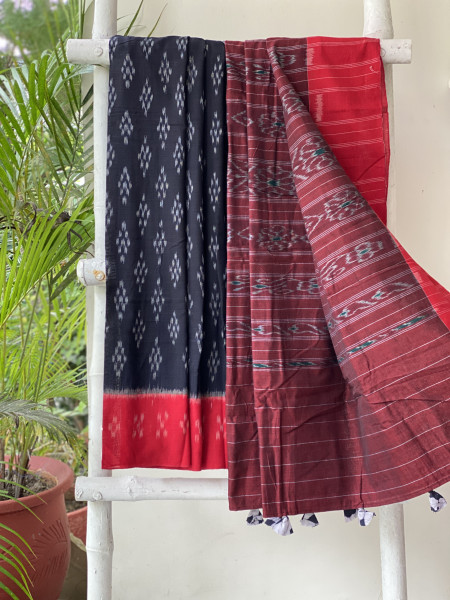 BLACK-RED  'MANIABANDHA' ikkat woven sari