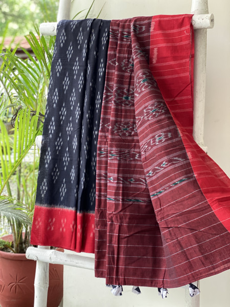 BLACK-RED  'MANIABANDHA' ikkat woven sari
