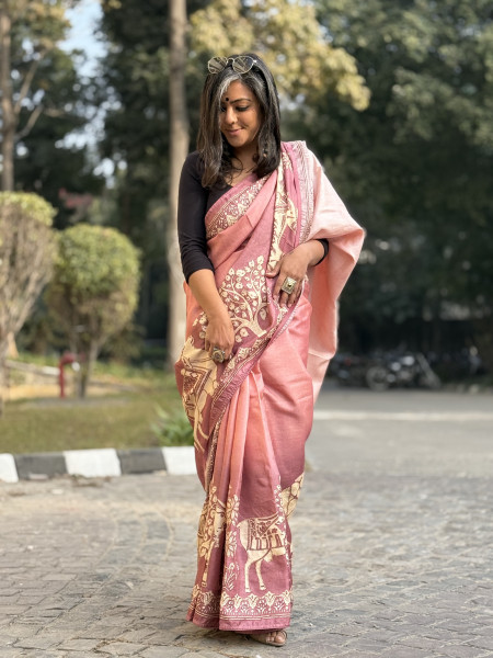 PINK PRINTED HAND EMBROIDERED TUSSAR SILK SARI