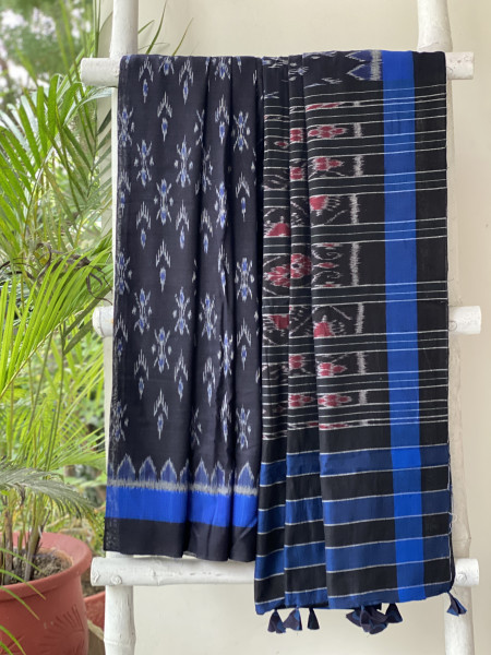 BLACK-BLUE  'MANIABANDHA' ikkat woven sari