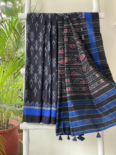 BLACK-BLUE  'MANIABANDHA' ikkat woven sari