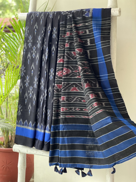 BLACK-BLUE  'MANIABANDHA' ikkat woven sari