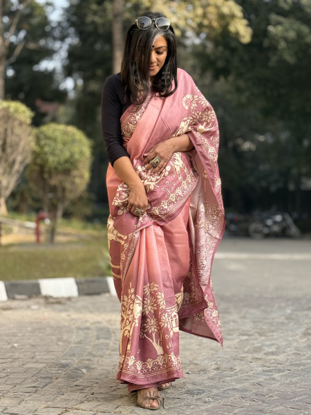 PINK PRINTED HAND EMBROIDERED TUSSAR SILK SARI