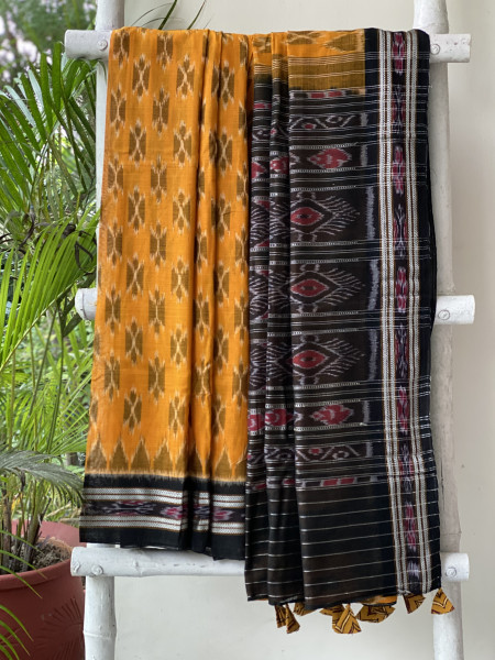MUSTARD-BLACK  'MANIABANDHA' ikkat woven sari