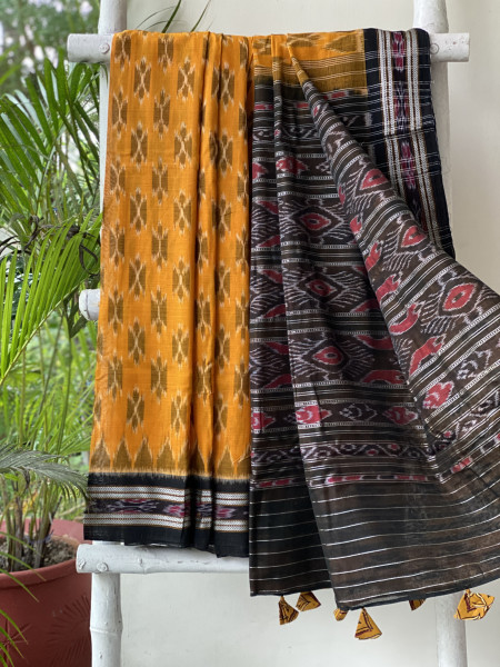 MUSTARD-BLACK  'MANIABANDHA' ikkat woven sari